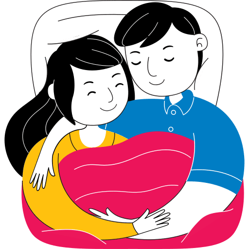 A couple is holding a heart pillow in bed.